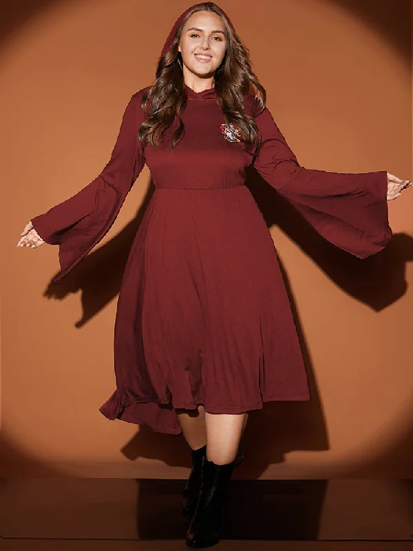 Casual Fashion Halloween Bell Sleeve Pocket Flutter Hem Hooded Gryffindor Dress