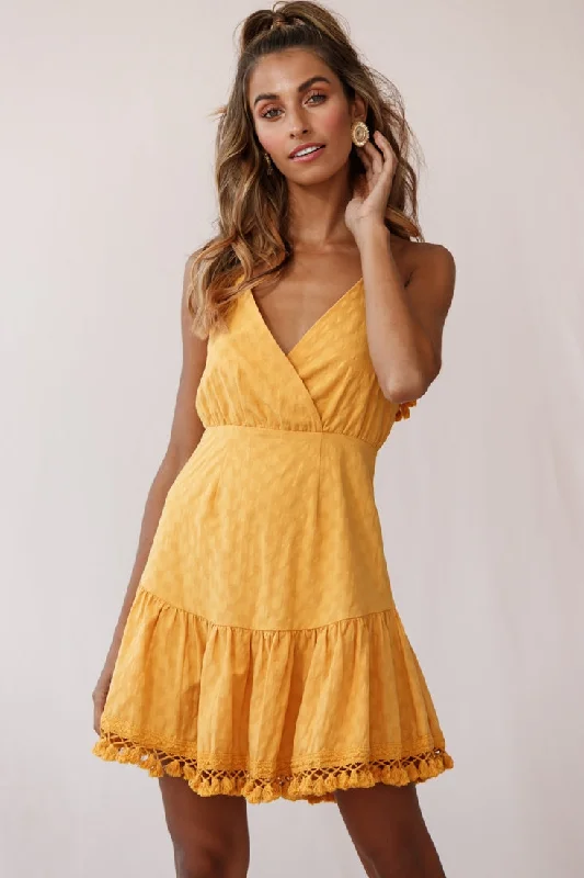 Women's Professional Clothes Lazy Days Tied Back Tassel Trim Dress Mustard