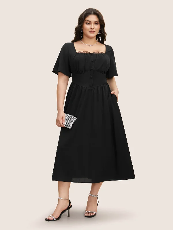 Women's Clothes And Garments Square Neck Guipure Lace Ruffle Sleeve Dress
