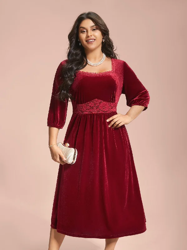 Women's Outdoor Activity Garments Velvet Lace Detail Waist-Cinched Dress