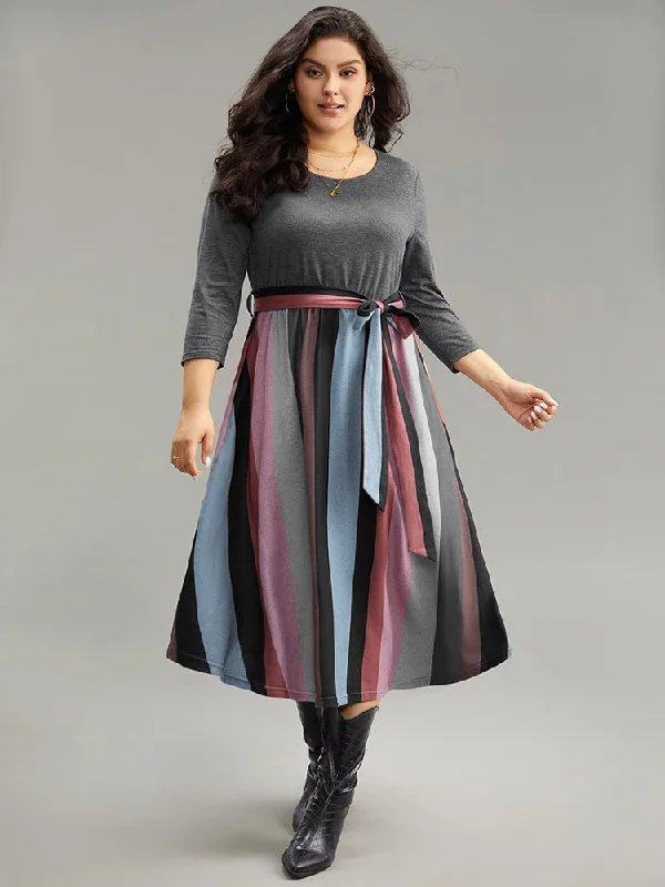 Women's Clothing Online Sale Striped Contrast Patchwork Belted Dress