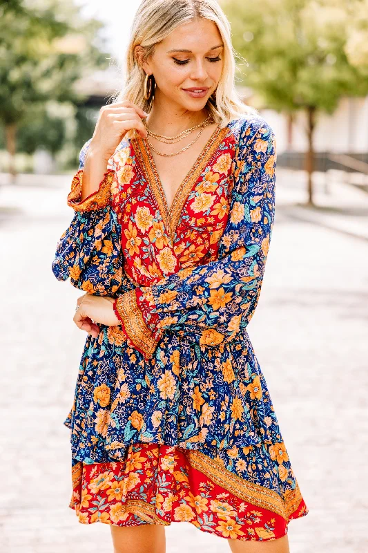 Women's Holiday Clothing Go On With It Blue and Red Mixed Print Dress