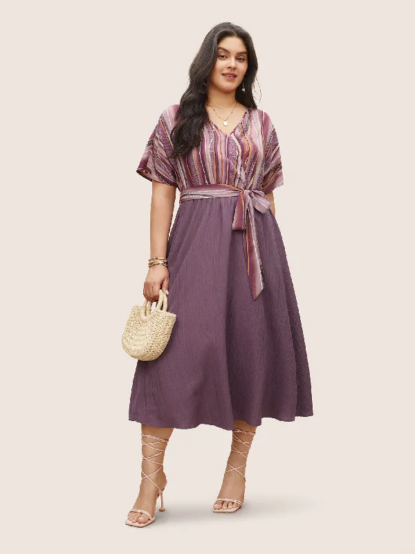 Business Casual Outfits Striped Patchwork Overlap Collar Ties Dress