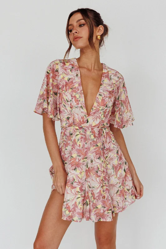 Limited Time Offer Estelle Angel Sleeve Dress Lily Print Yellow