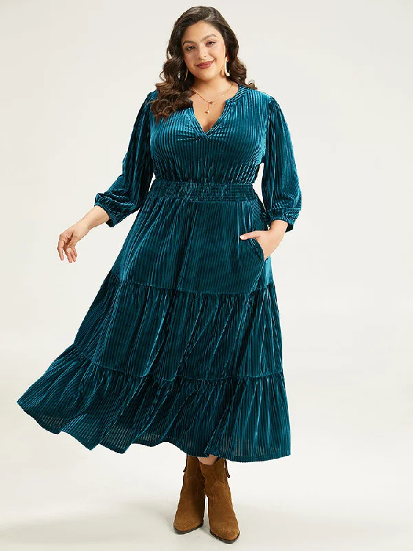 Women's Clothing Brands Velvet Shirred Pocket Notched Dress