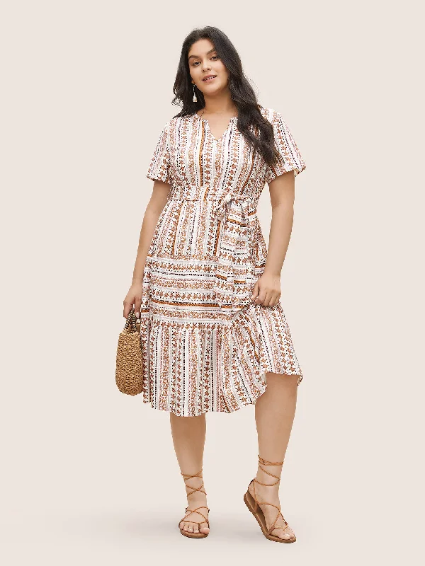 Must-Have Styles Bandana Striped Print Notched Belted Dress