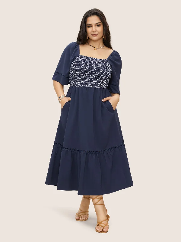 Women's Floral Print Outfit Square Neck Woven Ribbon Gathered Shirred Dress