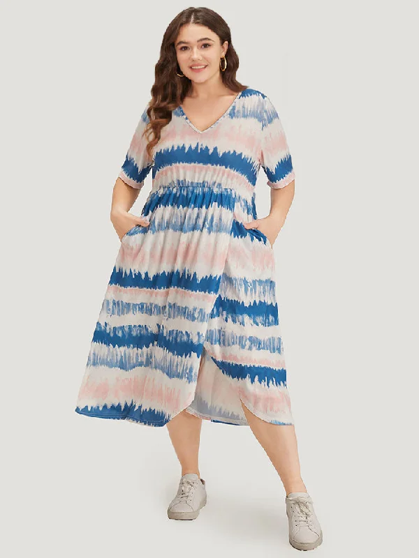 Elegant Fashion Ombre Tie Dye Pocket Split Side Elastic Waist Dress