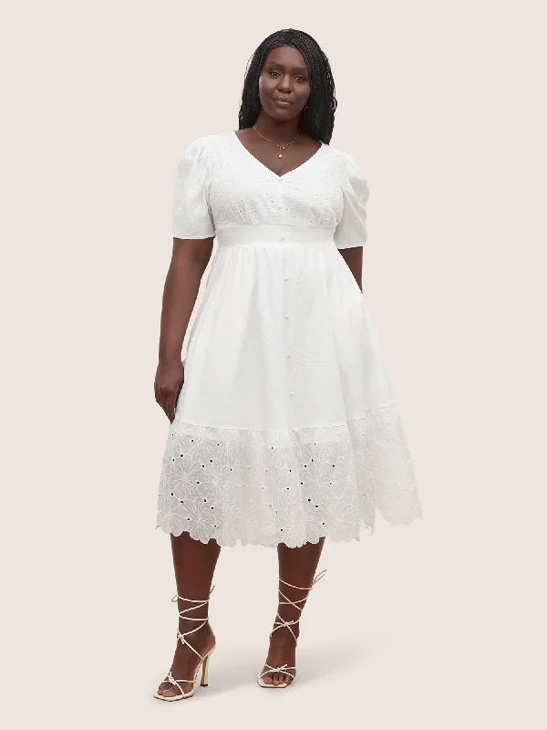Easygoing Women's Style Plain Button Detail Cut Out Puff Sleeve Dress