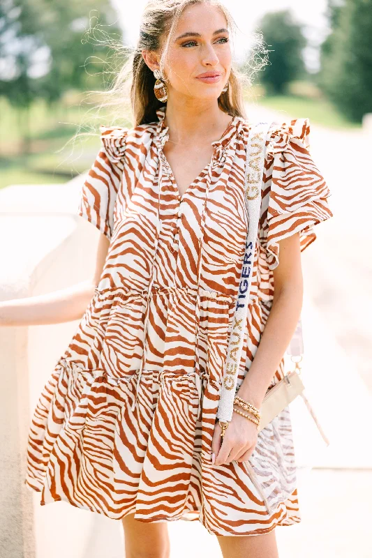 Stylish Women's Garments Feeling Wild Ginger Orange Zebra Striped Dress