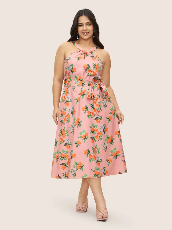 Trendy Boutiques Online Citrus Orange Print Halter Neck Tie Knot Dress