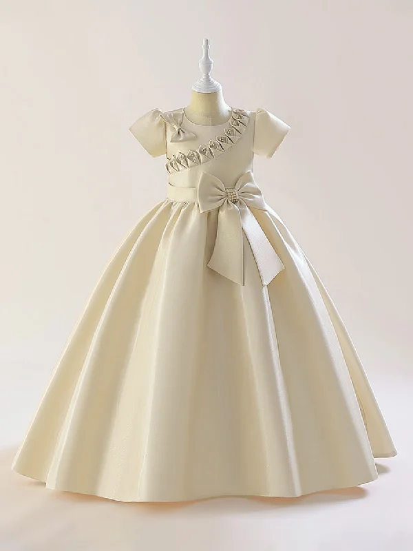 Women's Outerwear Garments A-Line/Princess Scoop Puff Sleeves Flower Girl Dresses with Bow Knot