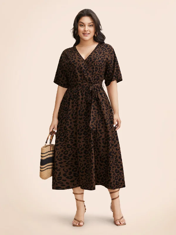 Charming Women's Clothes For Special Events Leopard Print Split Front Dolman Sleeve Dress