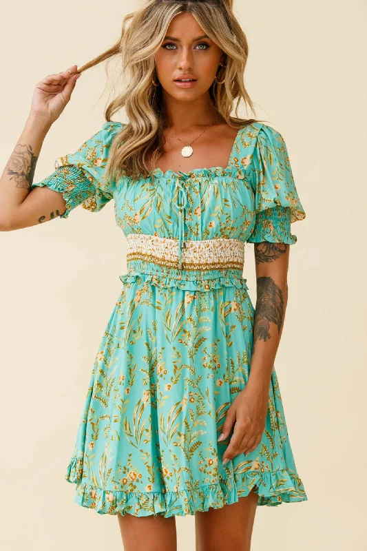 Clothes For Women Summer In Paris Puff Sleeve Open Back Dress Botanical Print Mint