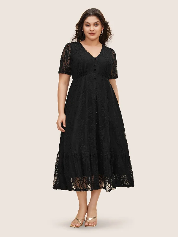 Women's Vintage Garments Crochet Lace Mesh Button Detail Dress