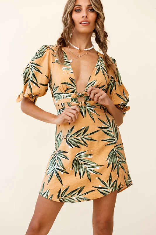 Stylish Women's Apparel Camarillo Puff Sleeve Bow Detail Dress Leaf Print Sunset