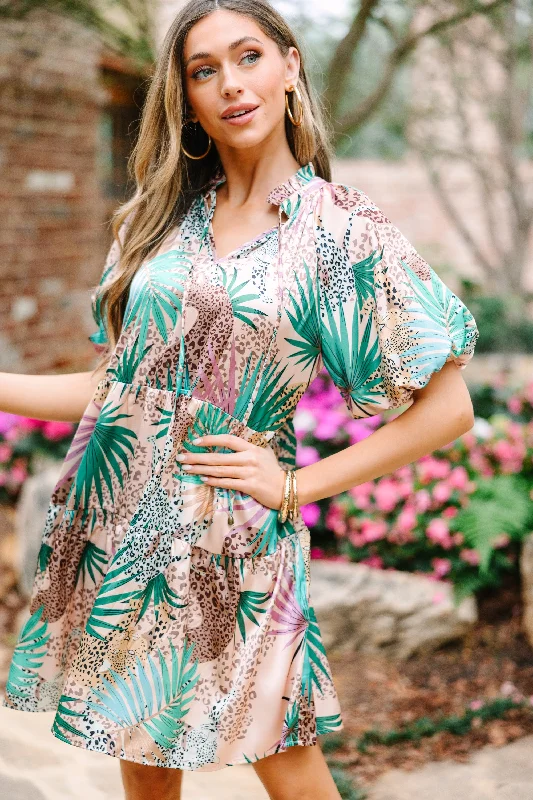 Early Bird Offer Wild Wonders Tan Tropical Leopard Print Dress