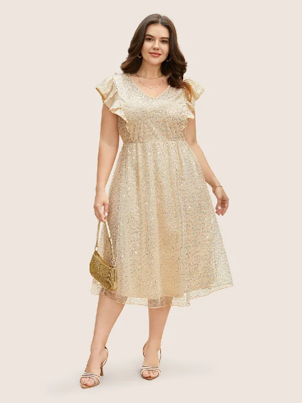 Women's Luxury Garments V Neck Sequin Mesh Ruffle Cap Sleeve Dress