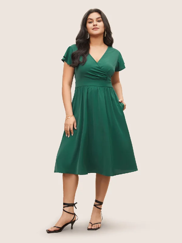 Casual Dresses for Women Overlap Collar Ruffle Cap Sleeve Gathered Dress