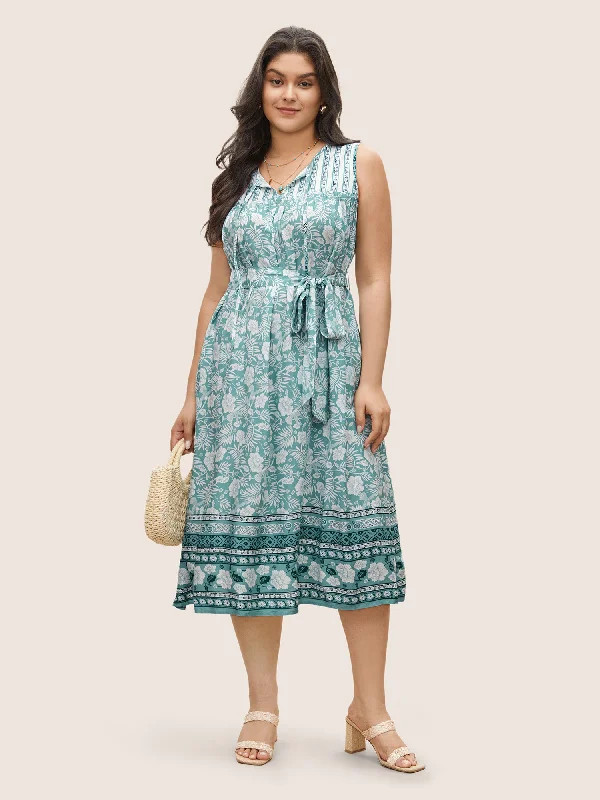 Outfits For Girls Boho Print Tie Neck Belted Pleated Dress
