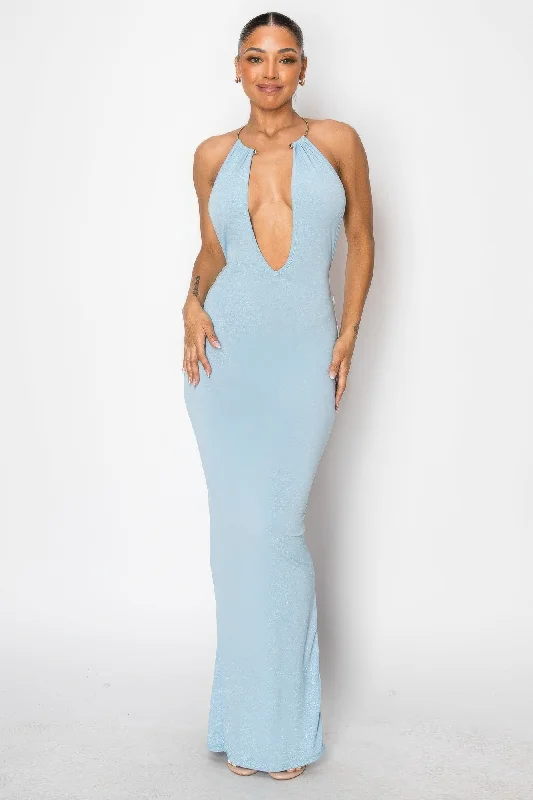 Chic Casual Style Halter Necklace Trim Long Dress