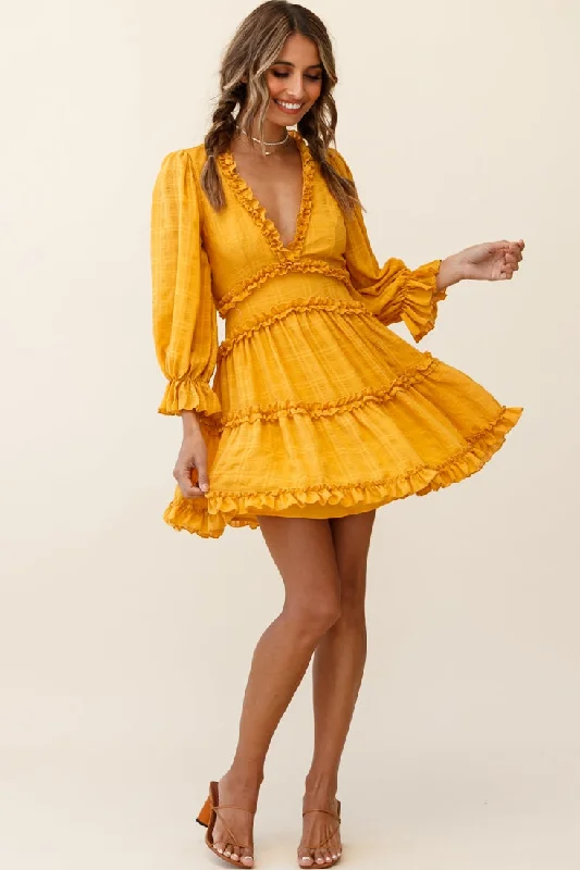 Elegant Styles Laney Cutout Back Balloon Sleeve Dress Mustard