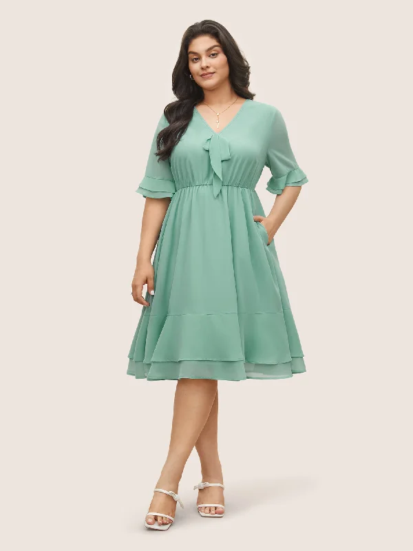 Timeless Women's Garments Solid Bowknot Patchwork Tiered Ruffle Sleeve Dress