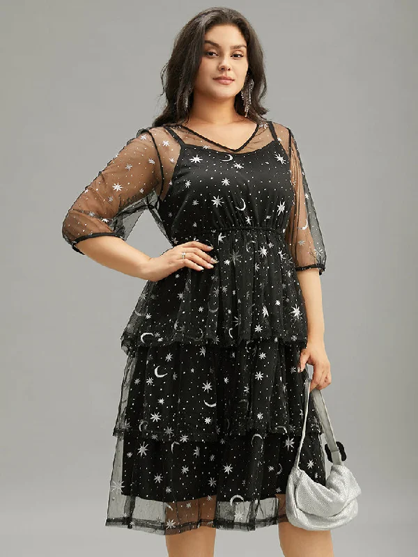 Women Clothes Crochet Lace Mesh Moon & Star Dress