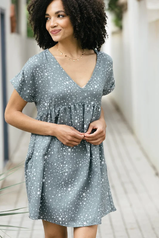 Unique Women's Fashion Pieces Conversation Starter Dusty Sage Green Star Print Babydoll Dress