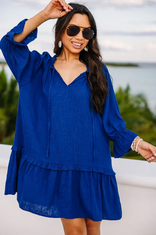 Women's Functional Outfit For Outdoor Activities Always In The Lead Ocean Blue Linen Dress