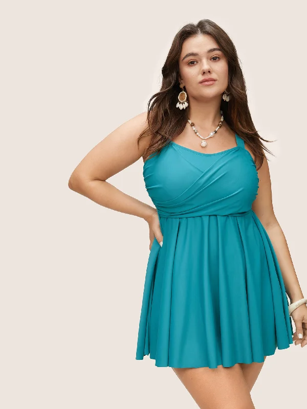 Women's Clothes For Work Events Plain Crossover Gathered Detail Swim Dress