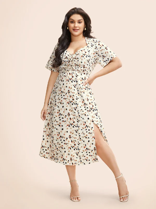 Affordable Women's Outfit Heart Neckline Allover Print Drawstring Dress