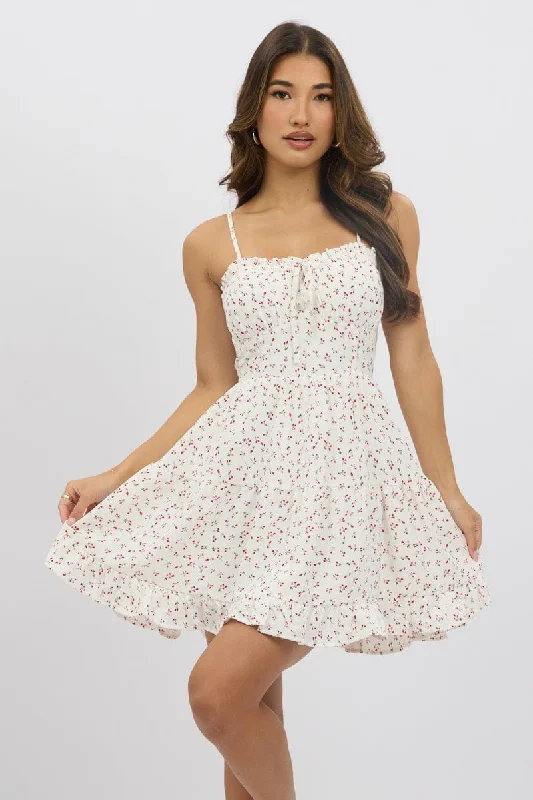 Charming Everyday Clothing For Women White Ditsy Fit And Flare Dress Strappy Mini