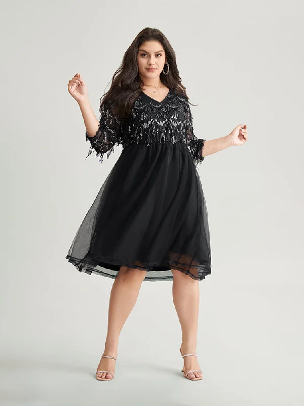 Workwear Fashion for Women Sequin Tassels Plisse Patchwork Mesh Knee Dress