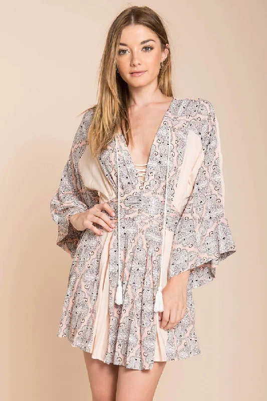 Fashionable Women's Clothing Brielle Bell Sleeve Summer Dress Peach Print