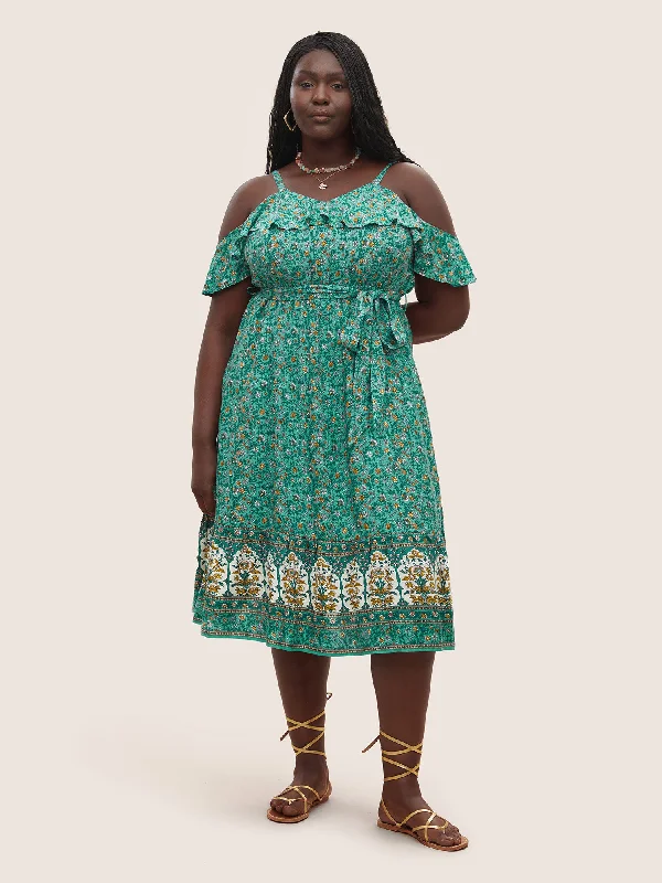 VIP Member Discount Bandana Ruffles Belted Cold Shoulder Dress