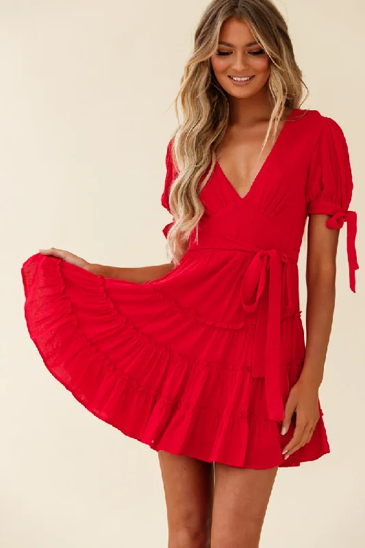 Trendy Women's Apparel Jocelyn Short Sleeve Tied Cuff Layered Ruffle Dress Red