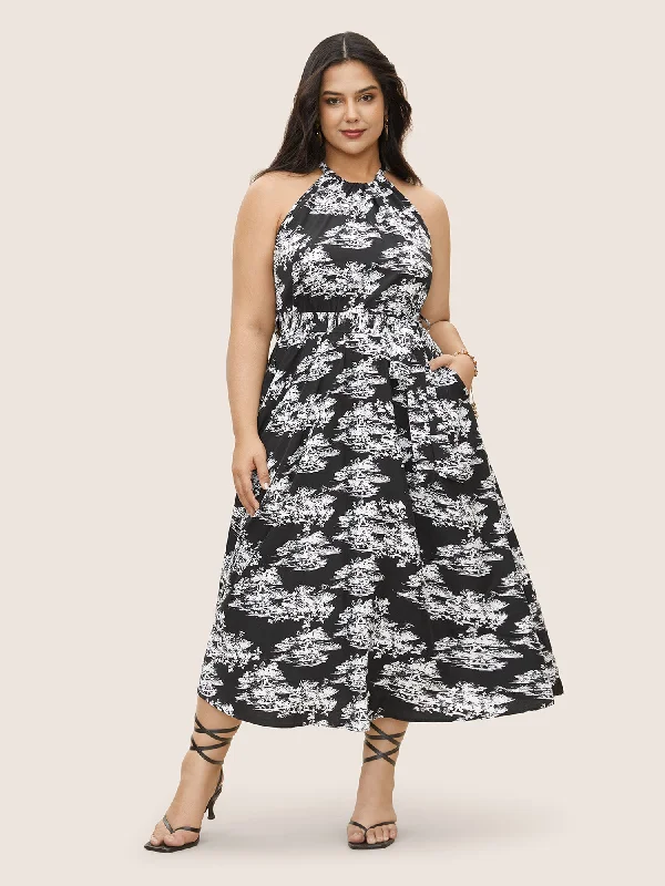 Women's Casual Outfit Plants Halter Ties Belted Gathered Dress