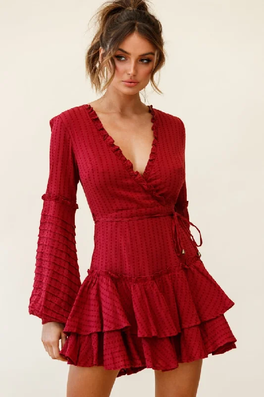 Women's Tops And Clothing Neve Balloon Sleeve Layered Ruffle Hem Dress Wine
