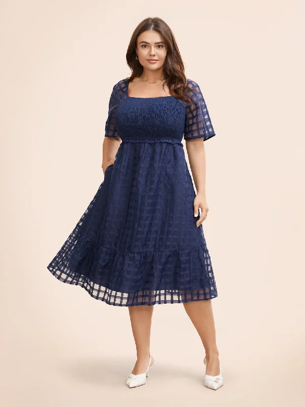 Women's Relaxed Clothes Gingham Texture Shirred Frill Trim Dress