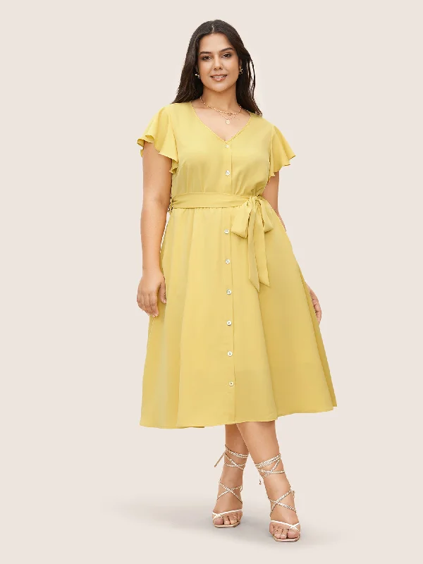 Fashion-forward Women's Clothing Citrus Solid Ruffle Cap Sleeve Button Detail Dress