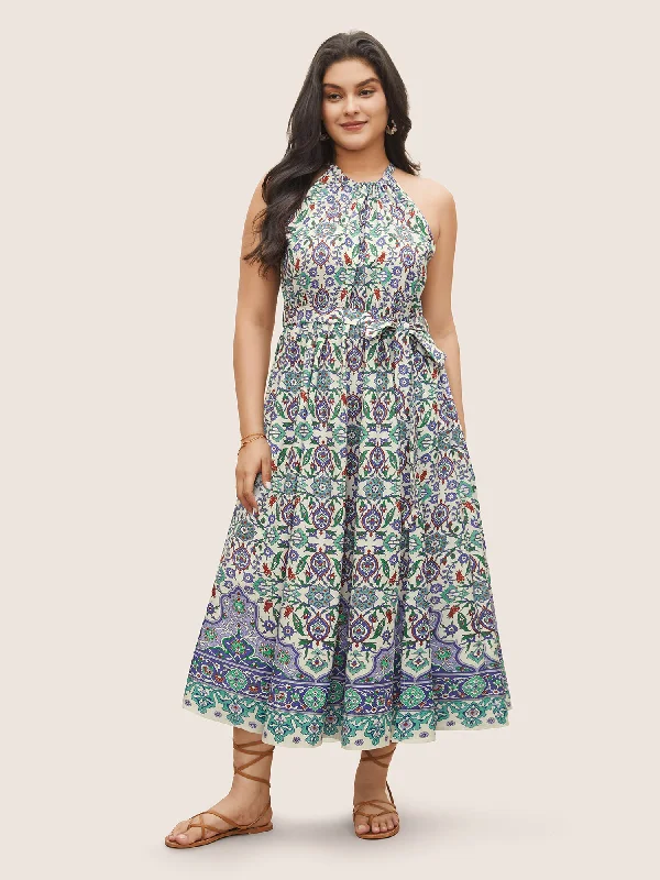 Elegant Clothing For Women Boho Print Halter Gathered Belted Dress