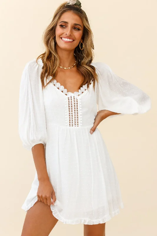 Trendy Boutiques Online Dream Lover Puff Sleeve Crochet Insert Dress White