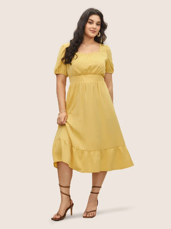 Women's Contemporary Clothing Square Neck Gathered Lantern Sleeve Dress