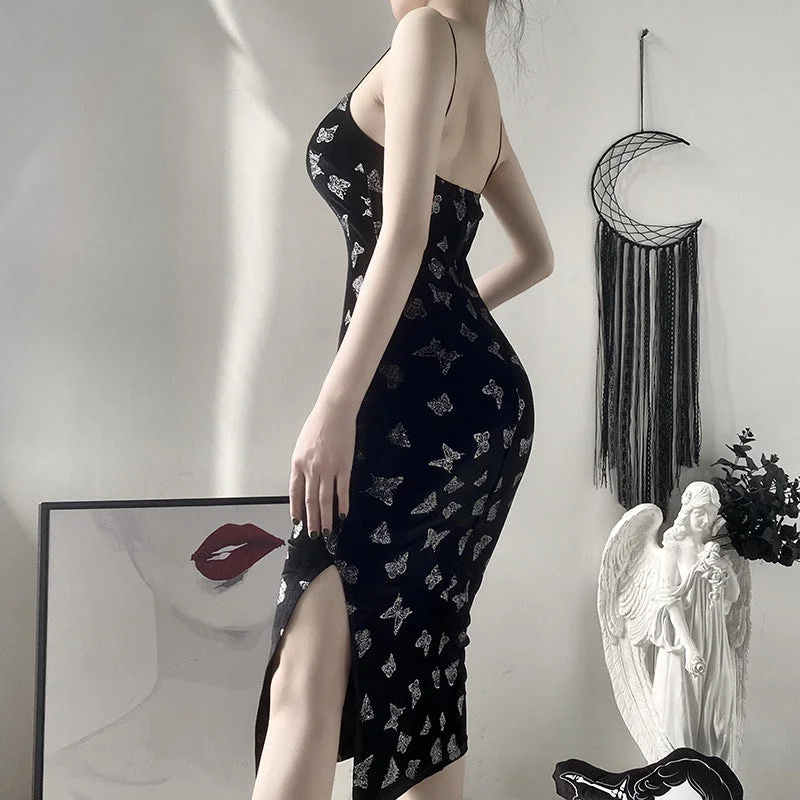 Flash Sale Online Dark sexy, butterfly split little black dress, gothic suede, INS halter dress Flash Sale Online Dark sexy, butterfly split little black dress, gothic suede, INS halter dress