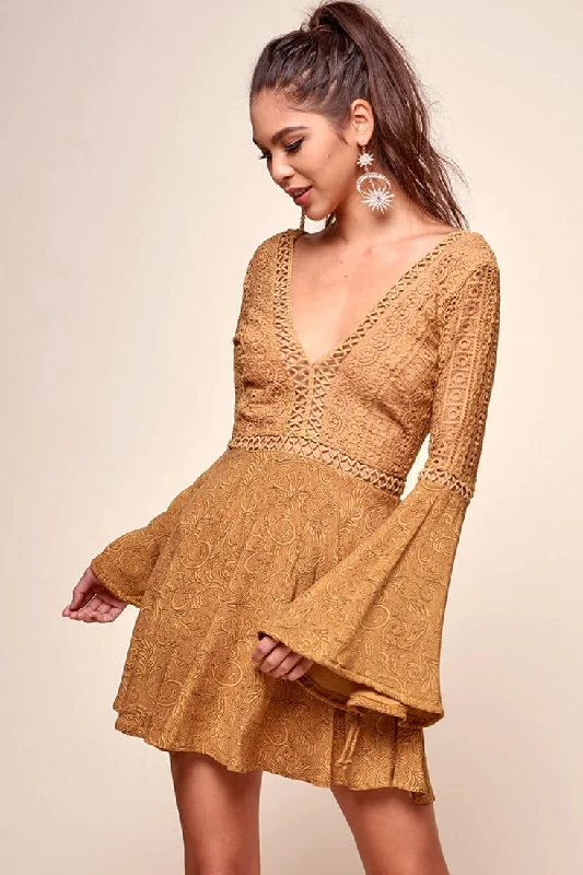 Women's Chic Outerwear Garments Carson Crochet Bell Sleeve Dress Tan