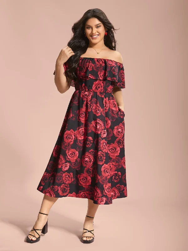 Women's Comfortable Garments Off-Shoulder Rose Pattern Ruffled Dress