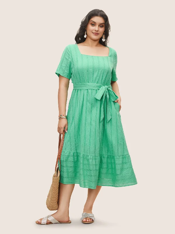 Women's Evening Wear Outfit Square Neck Texture Patchwork Ruffle Hem Dress