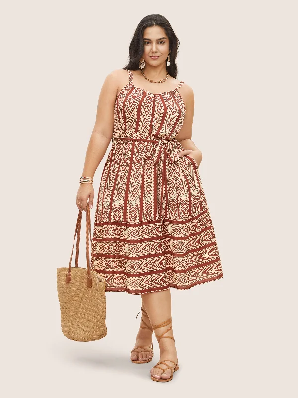 Women's Trendy Outfits Bandana Striped Plicated Detail Belted Cami Dress
