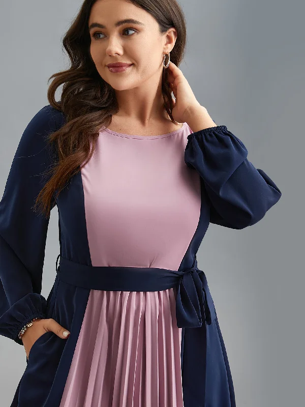High-Fashion Women's Clothing Color-Block Stretchy Waist-Cinched Pockets Dress